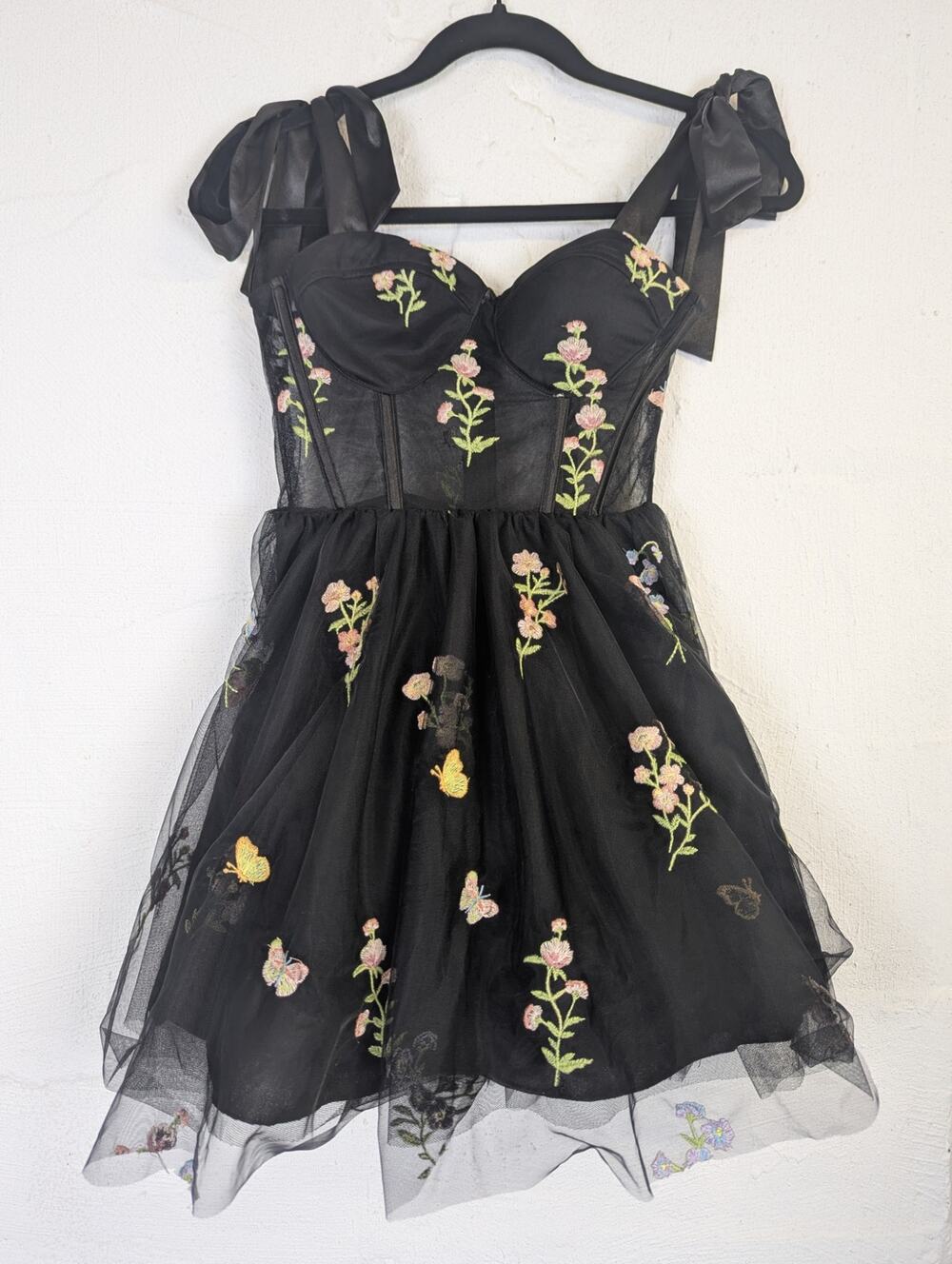 Black Mesh Floral Party Dress Dark Coquette Embroidered City Studio Juniors 1
